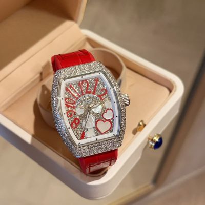 Franck Muller Vanguard V32 Quartz Movement Red Rubber Band Iced Out 32*42mm Watch
